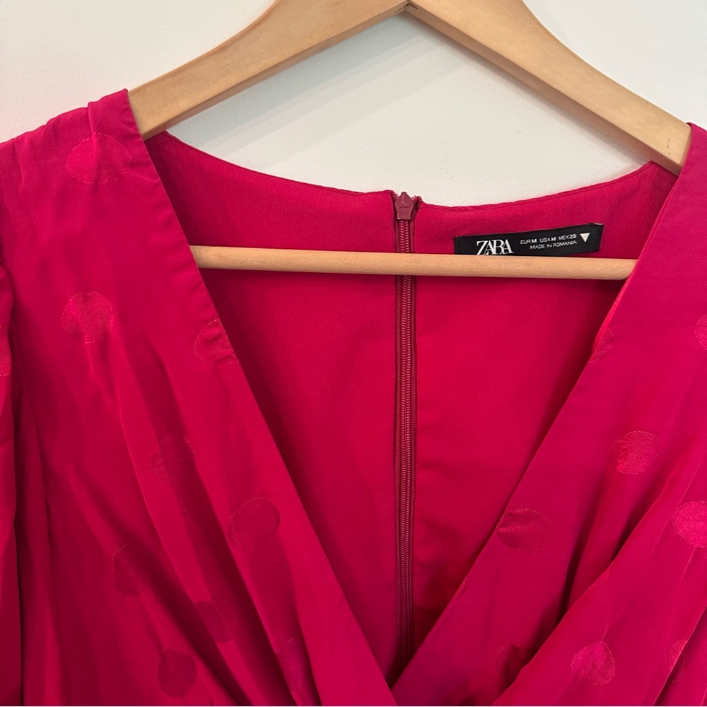 Zara Polka Dot Satin V Neck Ruched Long Sleeve Dress Magenta Size Medium - Picture 7 of 10